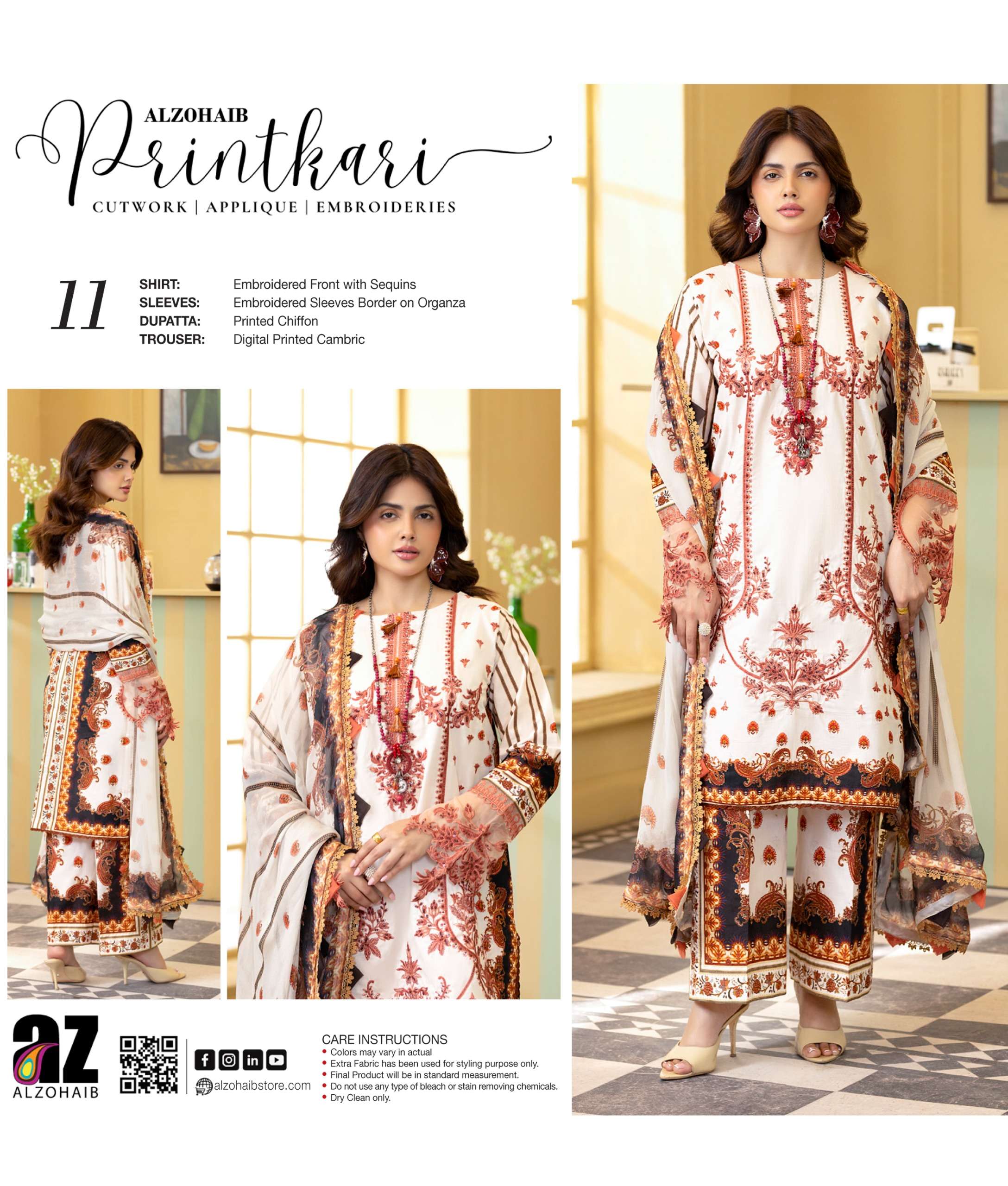 ZOHAIB TEXTILES SUNSHINE PRINTKARI EDITION EMBROIDERED SHIRT TYPE PAKISTANI SUIT EXPORTER